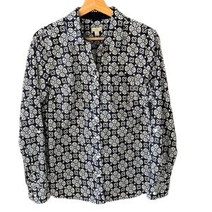 Talbots 100% Cotton Long Sleeve Blouse Top. Navy w Printed White Tiles Petite L
